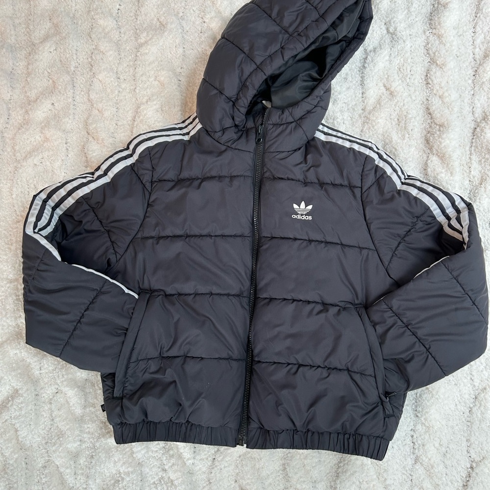 adidas Kids Black Puffer Jacket with Stripes